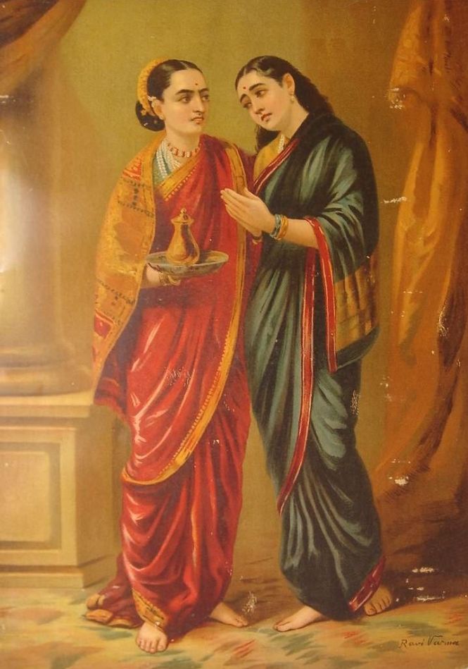 Sudeshna force Draupadi to go to Keechaka's room with a wine jar - Image (c) Raja Ravi Varma