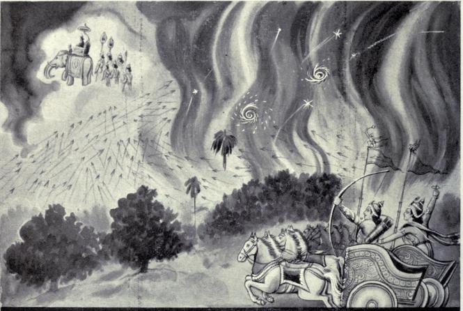 Khandavaprastha on fire. Krishna and Arjuna fought with Indra